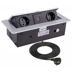 Удлинитель KOMBIBOX 2xSchuco(розетка) 2хUSB алюм, провод 3 м арт.KOMB-ALU-2DE-USB-M1W