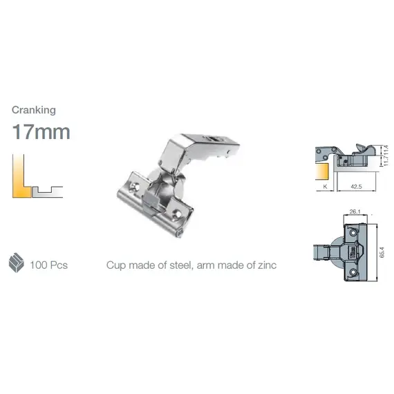 Петля мебельная Titus T-Type Glissando для фальшпанели с доводчиком 110/45/17 мм для машинной установки. Арт: 701-0D36-650-00 - 3
