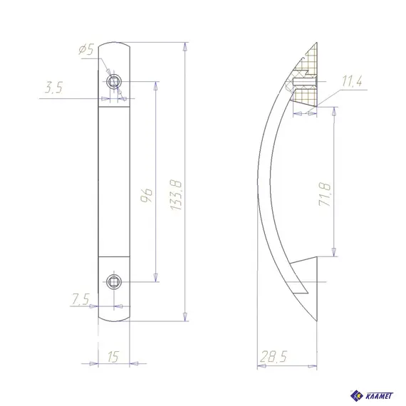 Мебельная ручка Кламет РС 27, скоба 133.5/15/28.5 мм, хром матовый ольха. - 1