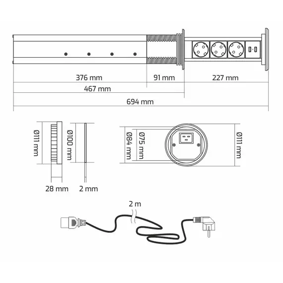 Удлинитель LIFT BOX автоматический 3xSchuco(розетка) 2xUSB, алюм, провод 2 м арт.LIFTBOX-A-ALU-3DE-U-01 - 3