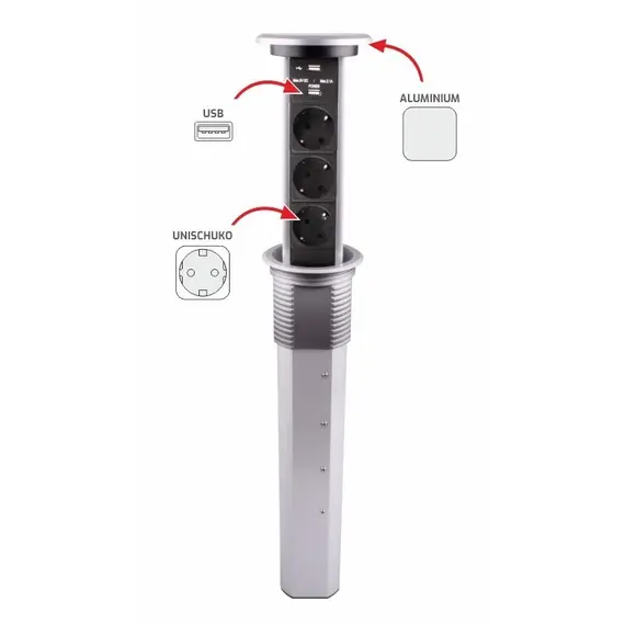 Удлинитель LIFT BOX автоматический 3xSchuco(розетка) 2xUSB, черный, провод 2 м арт.LIFTBOX-A-CZ-3DE-U-01 - 1