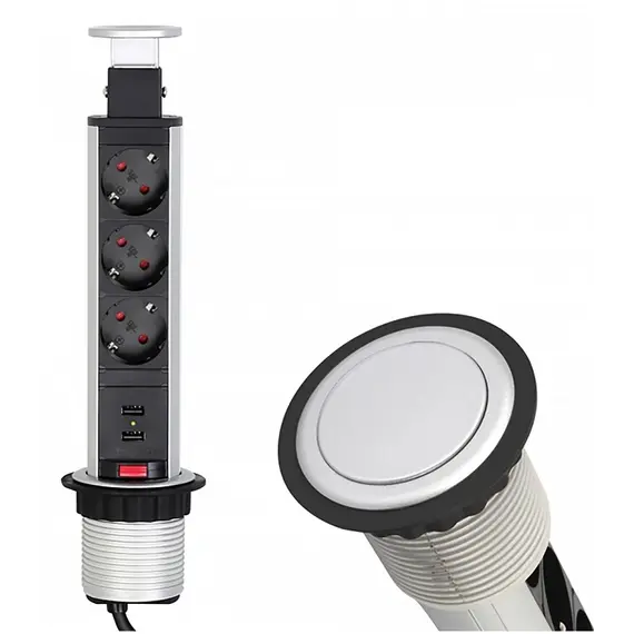 Удлинитель LIFT BOX 3xSchuco(розетка) 2xUSB, алюм, провод 1,8 м арт.LIFTBOX-ALU-3DE-U-01