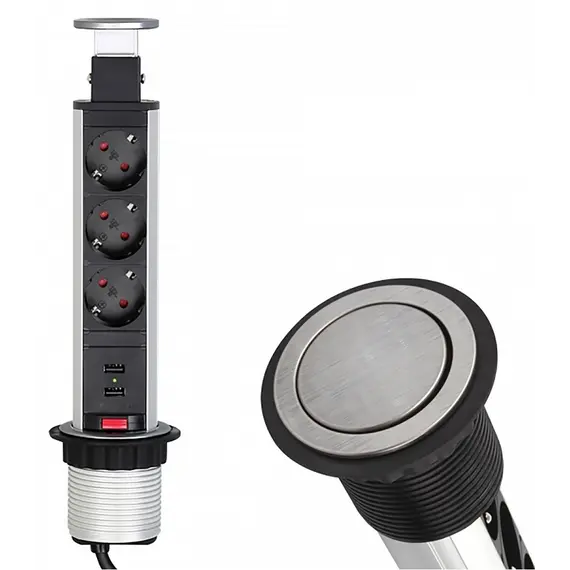 Удлинитель LIFT BOX 3xSchuco(розетка) 2xUSB, серый, провод 1,8 м арт.LIFTBOX-STD-3DE-U-01