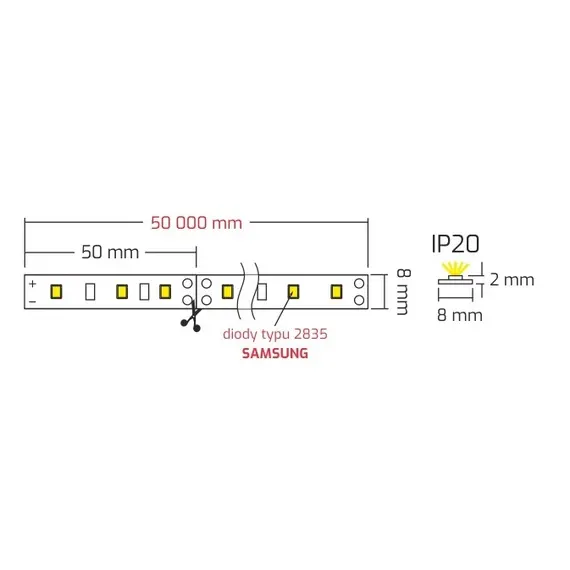 LED лента PREMIUM 60LED/1м 50 м SAMSUNG 2835 IP20 8 мм 3000К 13W/1m арт.R-2835-50M-20-30K-S1 - 1