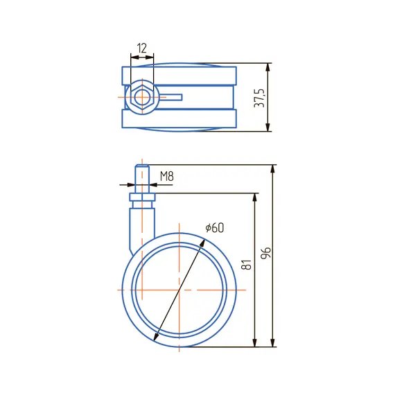 Опора колесная ОК60мм со штыр М8 м/х(ОКП61М.Х) - 1