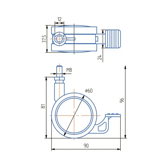 Опора колесная ОК60мм со штырем М8, тормозом, мягкий ход белая арт.ОКП61М.Х/Т - 1