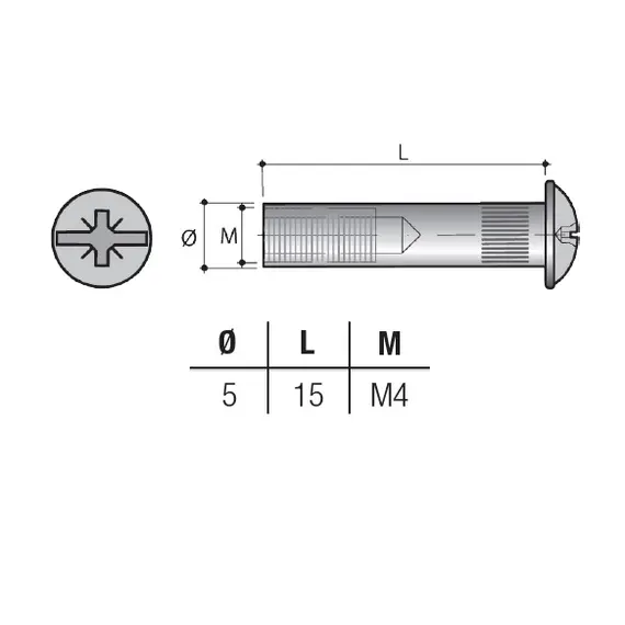 Стяжка межсекционная "мама" D5 мм М4х15 мм с полукруглой головкой, цинк арт.VF02FZ - 1