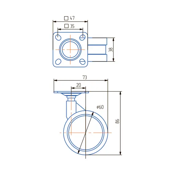 Опора колесная ОК60мм с пятой м/х  (ОКМ60М.Х) - 1