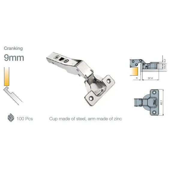 Петля мебельная Titus T-Type угловая 45 градусов 110/48/9 мм для машинной установки. Арт: 702-0D89-650-00 - 3