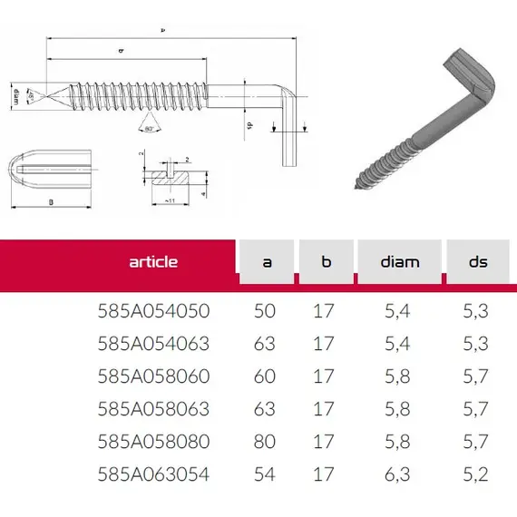 Крюк-шуруп Г-образный 5,4х50 арт.585A054050Z - 2