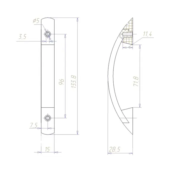 Мебельная ручка Кламет РС 27, скоба 133.5/15/28.5 мм, хром матовый бук. - 1