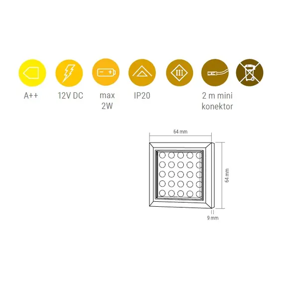 Светильник LED SQUARE XL, 2,0W 12VDC 25LED 3000К, провод 2 м, алюминий арт.SQUARE-XL-AL-30K-01 - 1