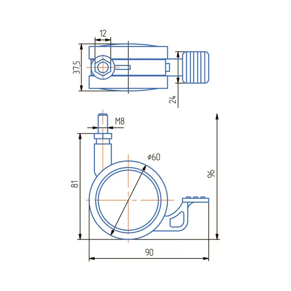 Опора колесная ОК60мм со штыр М8, с тор м/х(ОКП61М.Х/Т) - 1