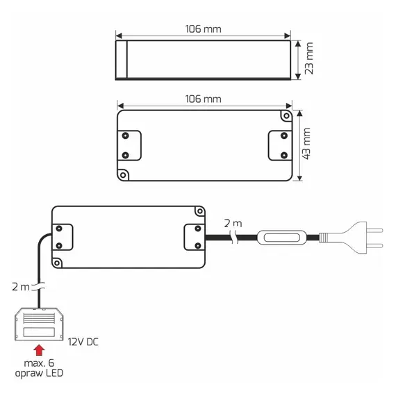 Блок питания LED STANDARD PLUS 12W 12VDC, черный провод 4 м, ручной выключатель, разветвитель 6 гнезд арт.U12-012-SP-2C1-206 - 2