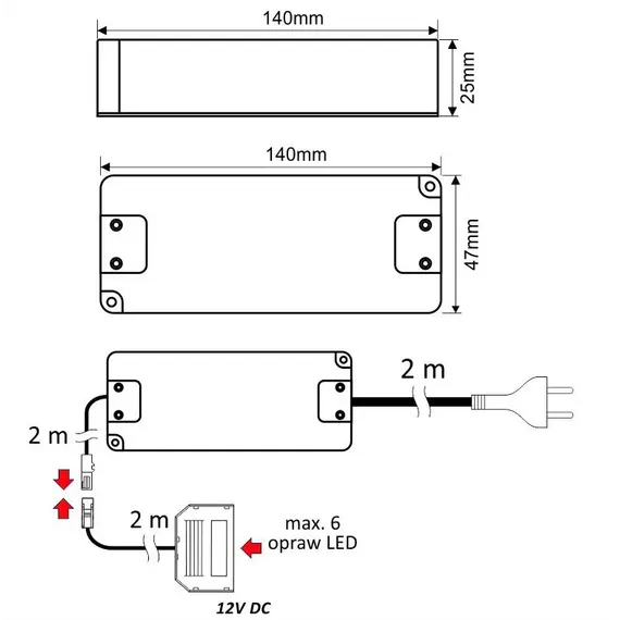 Блок питания LED STANDARD PLUS 33W 12VDC, белый провод 6 м, разветвитель 6 гнезд арт.U12-033-SP-2B0-4W6B - 1