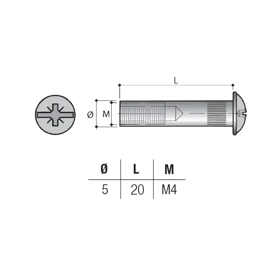 Стяжка межсекционная "мама" D5 мм М4х20 мм с полукруглой головкой, никель арт.VF10FNL - 1
