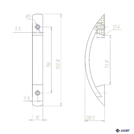 Мебельная ручка Кламет РС 27, скоба 133.8/15/28.5 мм, серебро белая - 1