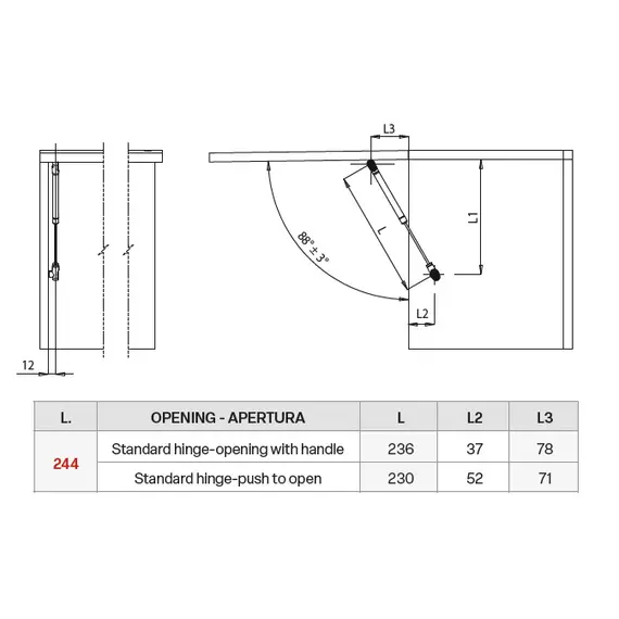 Газлифт открытие вверх d=12мм 244мм 80N, шампань арт.MGS244080NCHA1 - 1