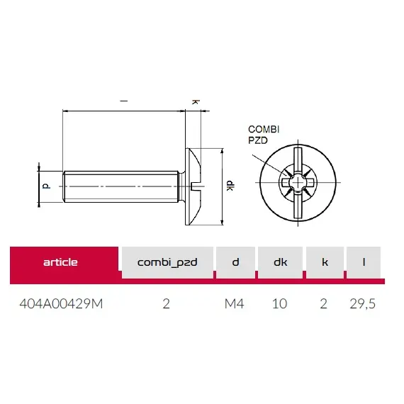 Винт с круглой головкой М4 х 29,5 (цинк) арт.404A00429MZ - 1