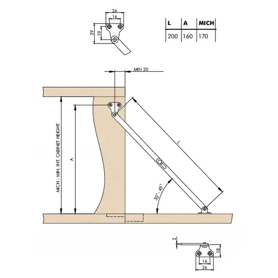 Кронштейн складной Metalimpex 200 мм угол открывания 30-45 градусов, никель. Арт: 820.2000.50 - 1