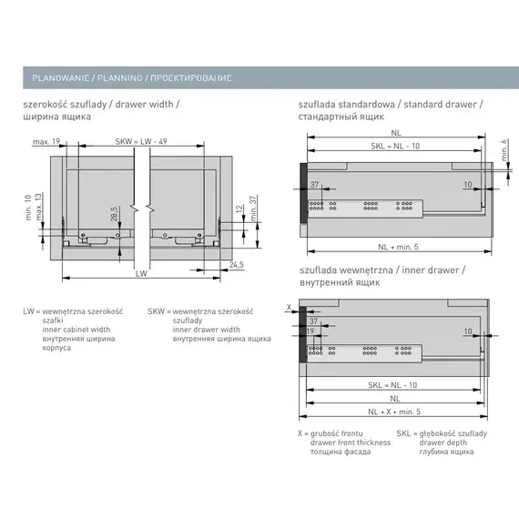 Направляющие скрытого монтажа ГТВ с доводчиком, 3D 400мм PB-3D0SHX18-400-H - 3