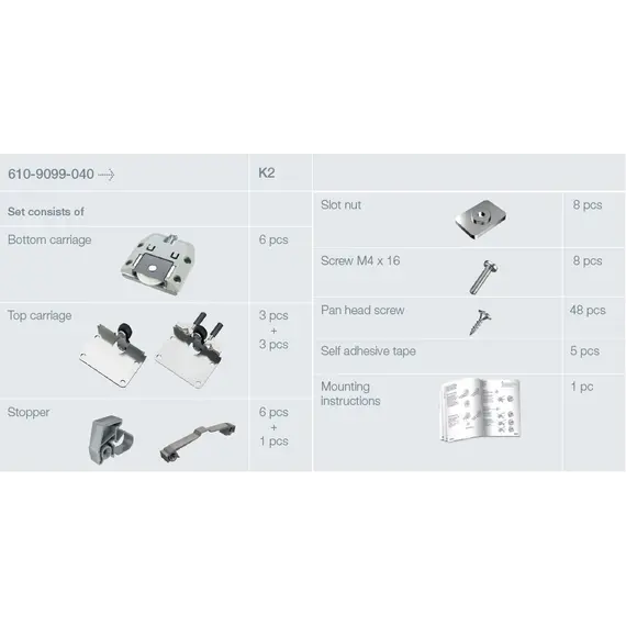 Механизм Set 200s для систем раздвижных дверей с нижним ходом (3 двери) арт.610-9099-040-K2 - 1