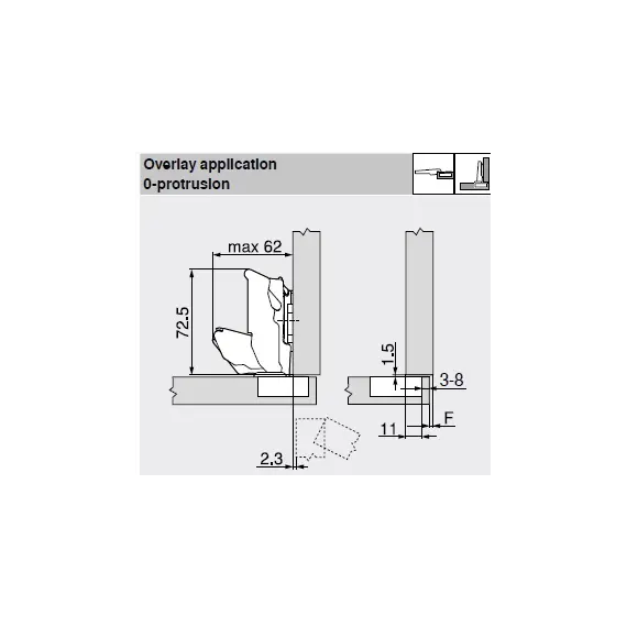 Петля Clip top Blumotion с большим углом открывания с нулевым вхождением 155°, накладная, чашка петли: INSERTA, никель арт.71B7590 - 1