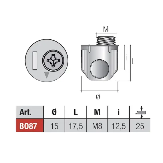 Стяжка-бочонок TRIO D15х17,5 мм М8, цинк BO87ZZ - 3